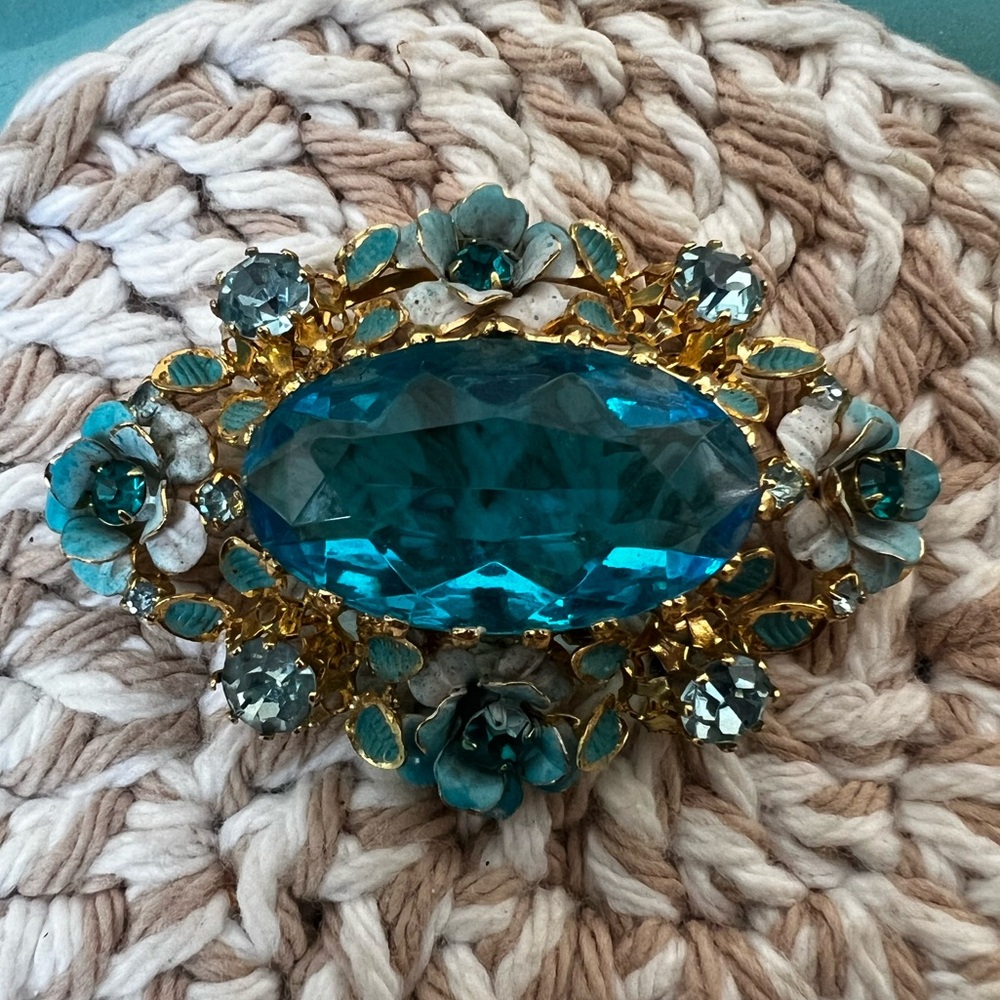 Vintage Large Signed Made In Austria Crystal Blue Enamel Flowers Brooch Pin